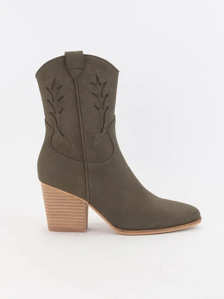 Western Cowboy Cutout Bootie - Olive