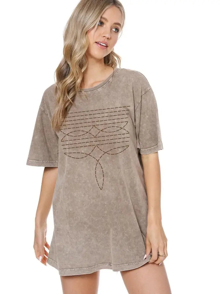 Cowboy Boots Toe Stitch Graphic Washed Boyfriend Tee
