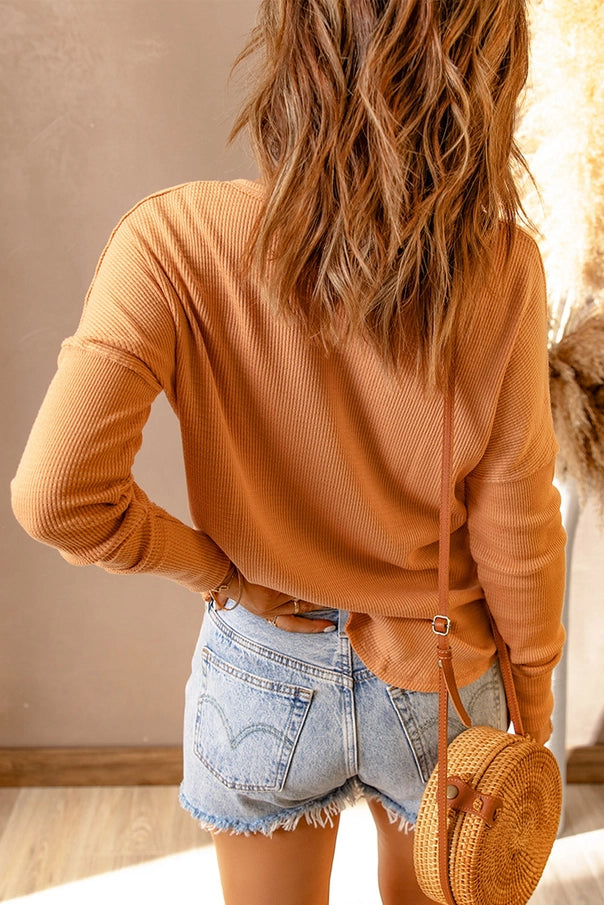 Waffle Knit Henley Top - Orange