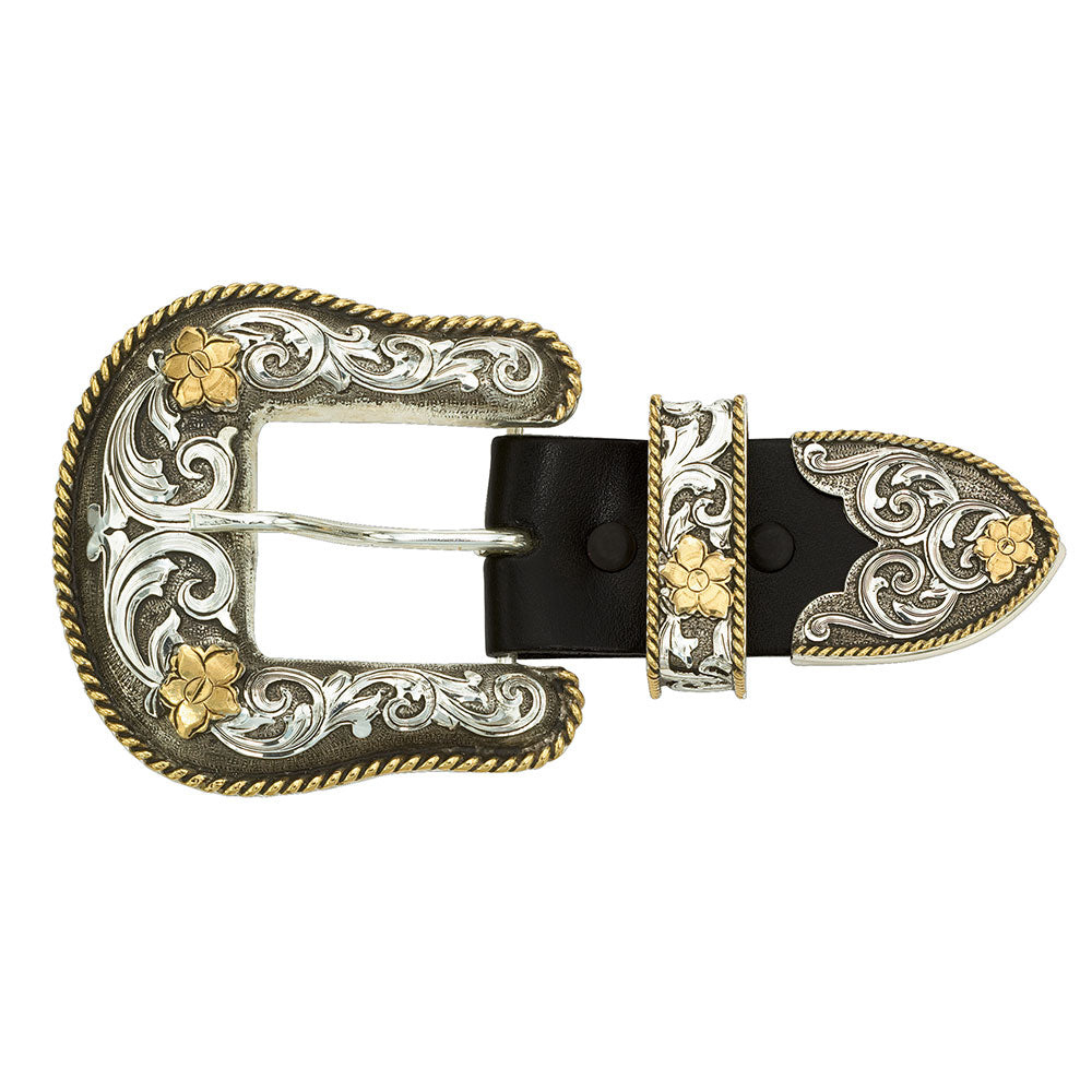 Antiqued Two Tone Filigree 1.5" 3 Piece Belt Buckle Set