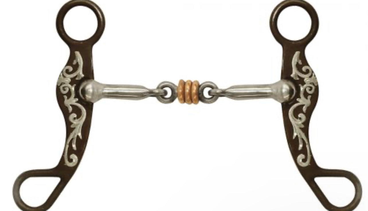 Antique brown steel shank bit with silver overlay and a copper ring stainless steel dogbone mouth