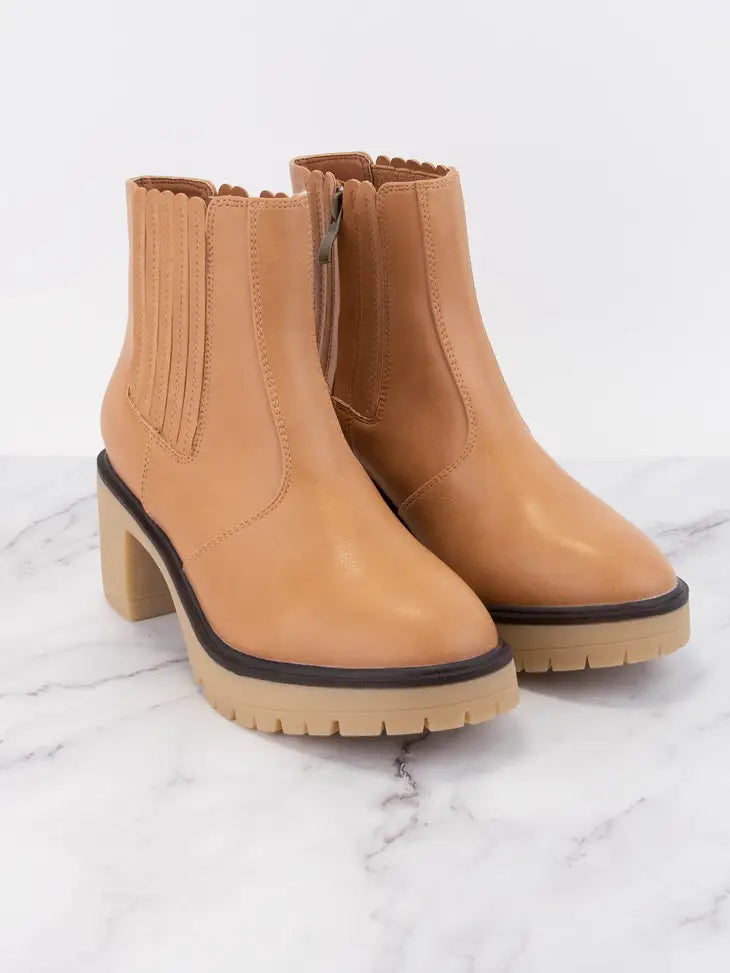 Lug Sole Block Heel Booties - Tan