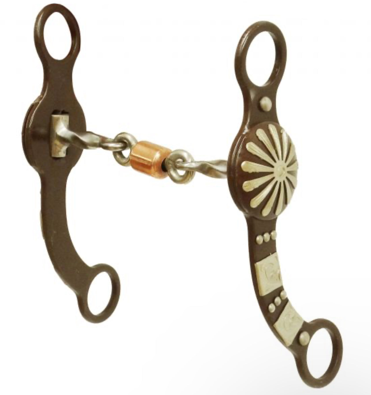 Brown steel concho style bit with copper roller dogbone mouth