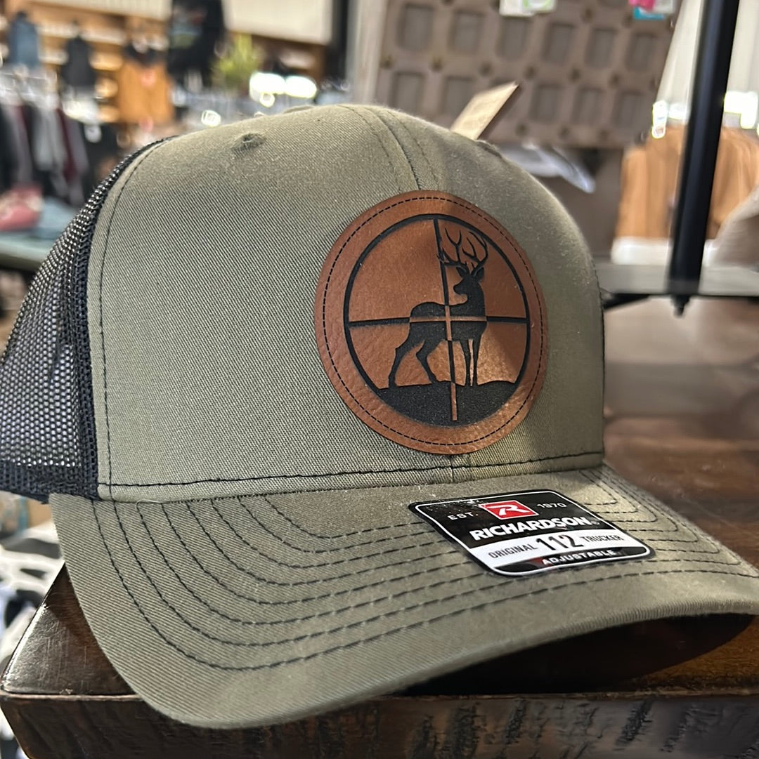"Bulls Eye" (Buck in scope) Leather Patch Ballcap