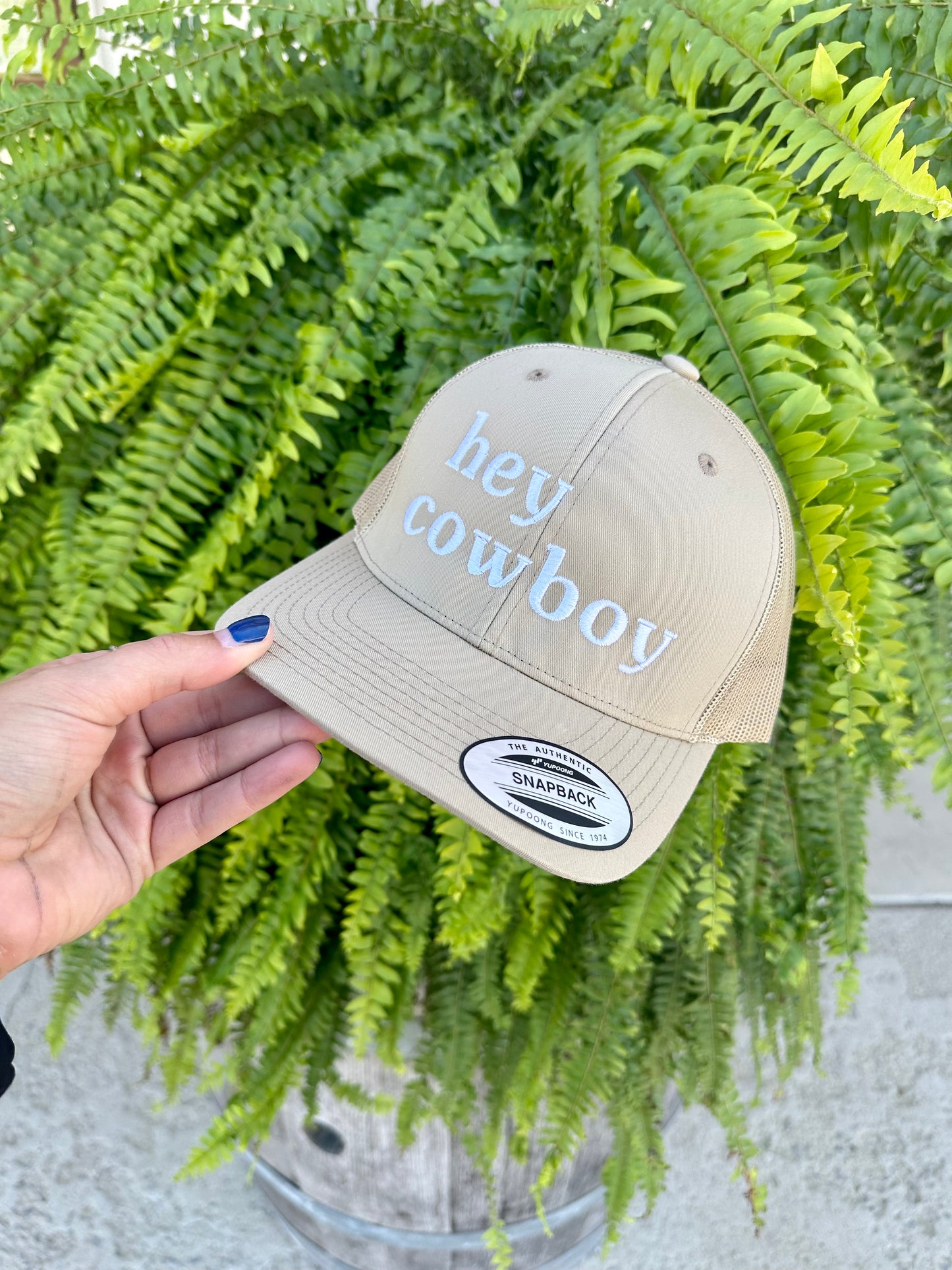 "hey cowboy" Tan Trucker Hat
