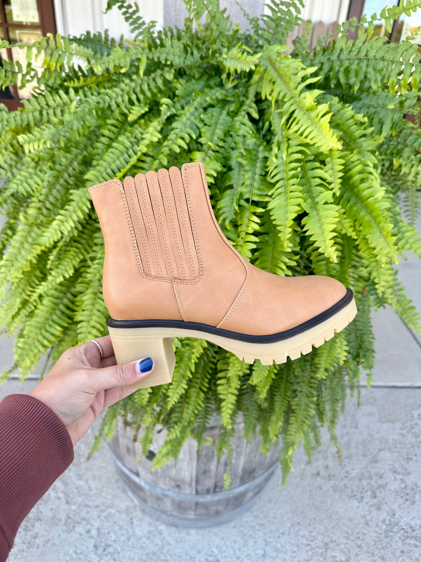Lug Sole Block Heel Booties - Tan