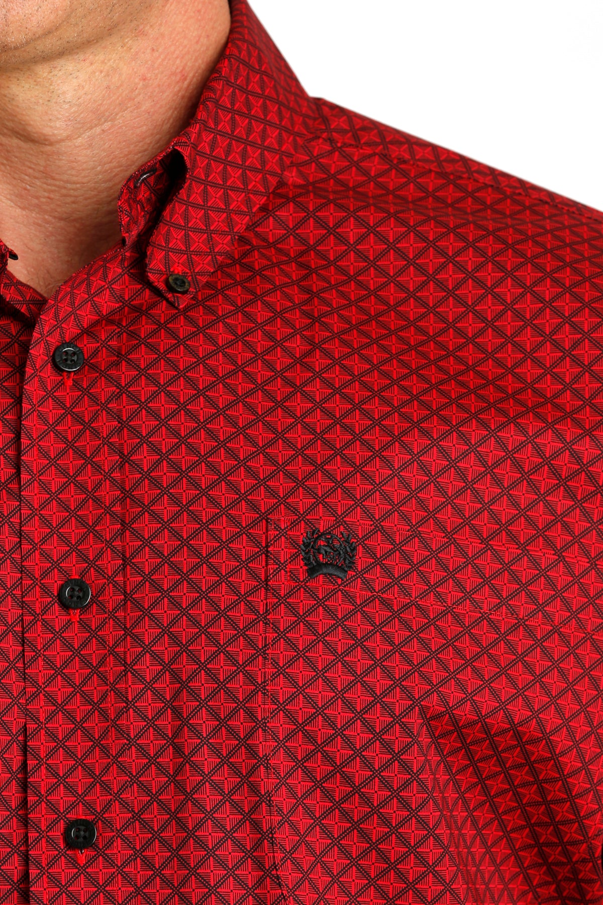 Men’s Long Sleeve Black and Red Geometric Print Stretch Fit Button Up