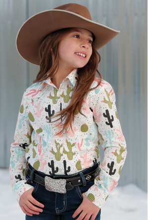 Girls Long Sleeve Cactus Print Button Up