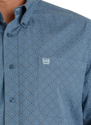 Mens Blue Long Sleeve Patterned Button Up