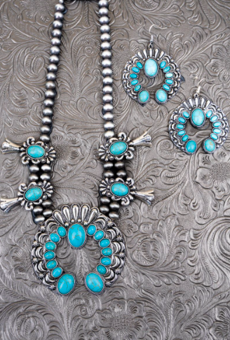 Silvertone Ludlow Squash Blossom Necklace and Earring Set
