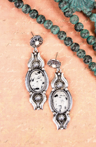 White Western Springs Silvertone Earrings