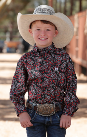 Boys Cinch Black & Red Paisley Print Button Up