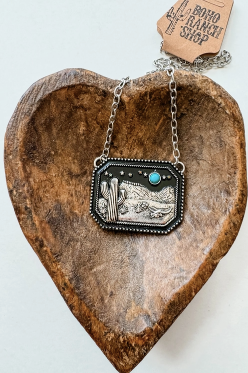 Western Scenery Cactus Desert Pendant Necklace- Turquoise