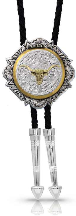 Silver and Gold Engraved Button Bolo Tie