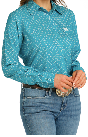 Ladies Cinch Teal & Printed Arenaflex Button Up