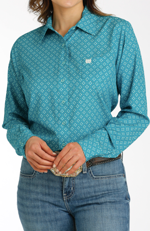 Ladies Cinch Teal & Printed Arenaflex Button Up
