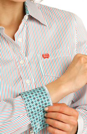 Ladies Cinch Red and Teal Striped Button Up