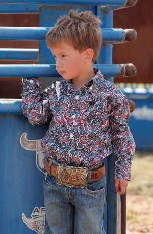 Boys Cinch Long Sleeve Button Up-Red Paisley