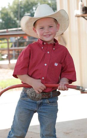 Boys Cinch Short Sleeve Button Up- Red Patterned