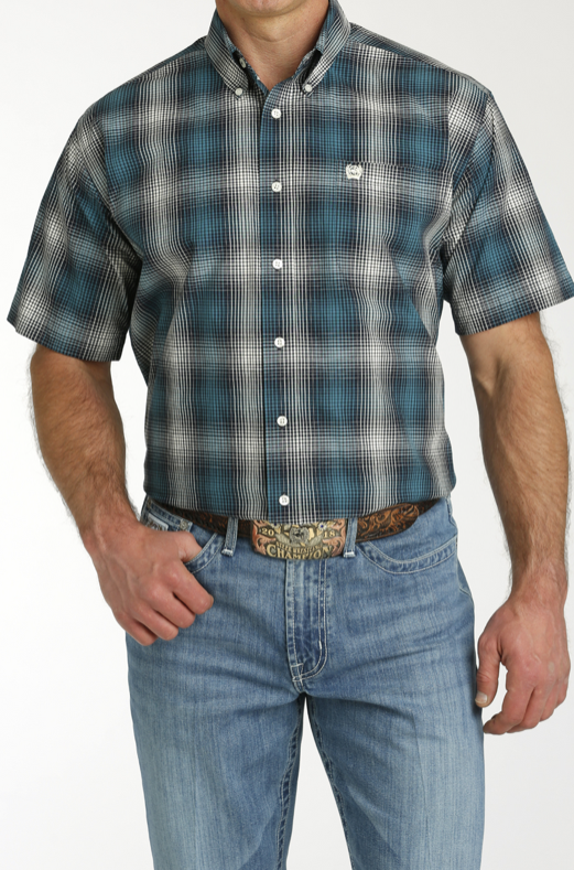 Mens Cinch Blue and Plaid Printed Short Sleeve