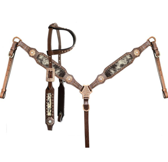 Black & White Hair on Cowhide Single Ear Headstall and Breastcollar Set