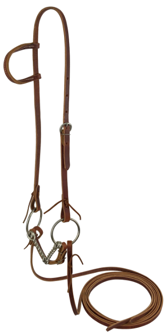 Harness Oiled Leather One Ear Headstall with O-Ring Snaffle and 8ft Reins