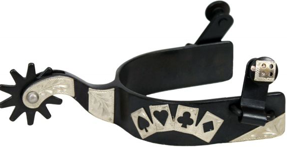 Men's size black steel silver show spur with silver 4 card design