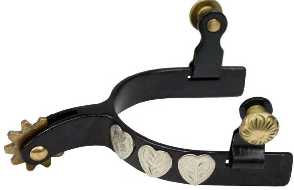 Black steel silver youth size show spur with silver hearts