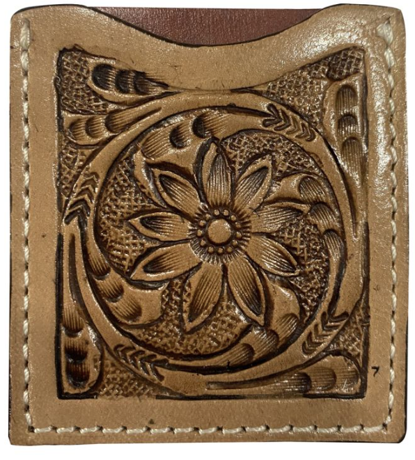 Stick On Floral Tooled Leather Cell Phone Card Wallet