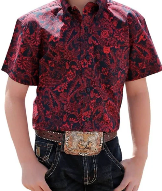 Cinch Boy's Short Sleeve Button Up- Red Paisley Print