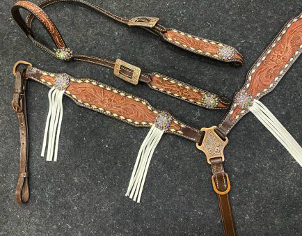 Two-Tone Tooled Single Ear Headstall and Breast Collar Set with rawhide lacing and fringe accents