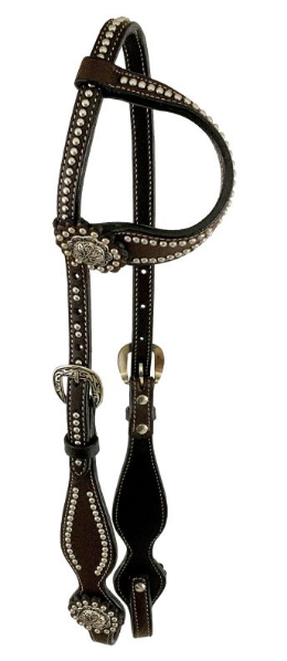 Silver Beaded one ear headstall with conchos, Argentina Cow leather.