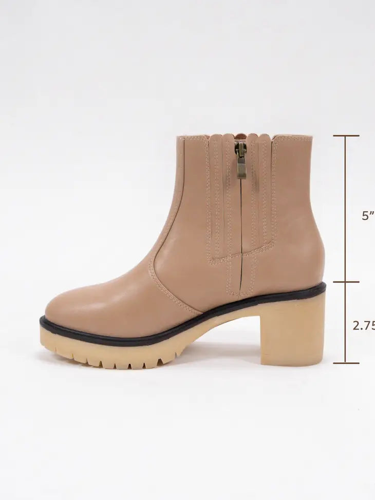 Lug Sole Block Heel Booties - Tan