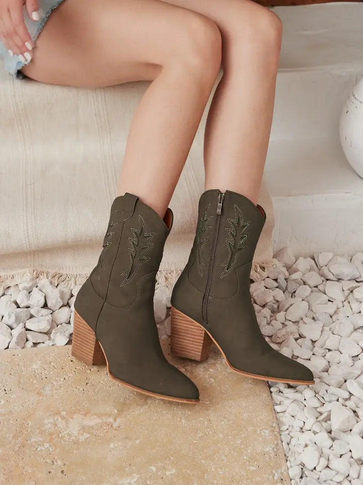 Western Cowboy Cutout Bootie - Olive