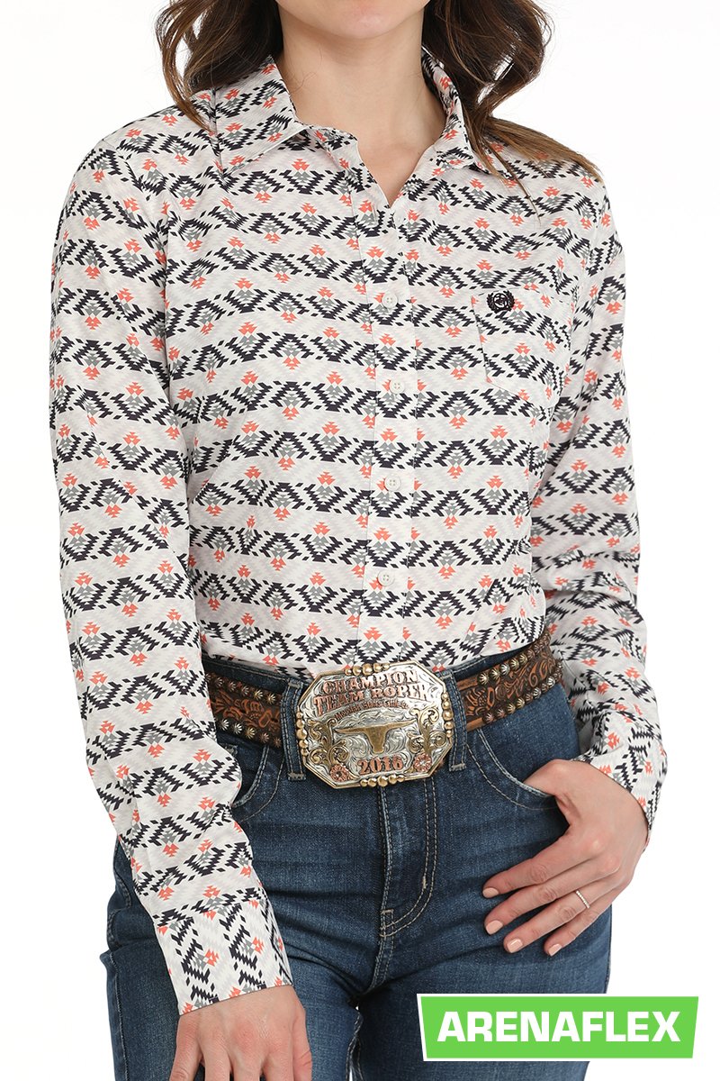 Women's Southwestern Print Button-Down Western Shirt- White
