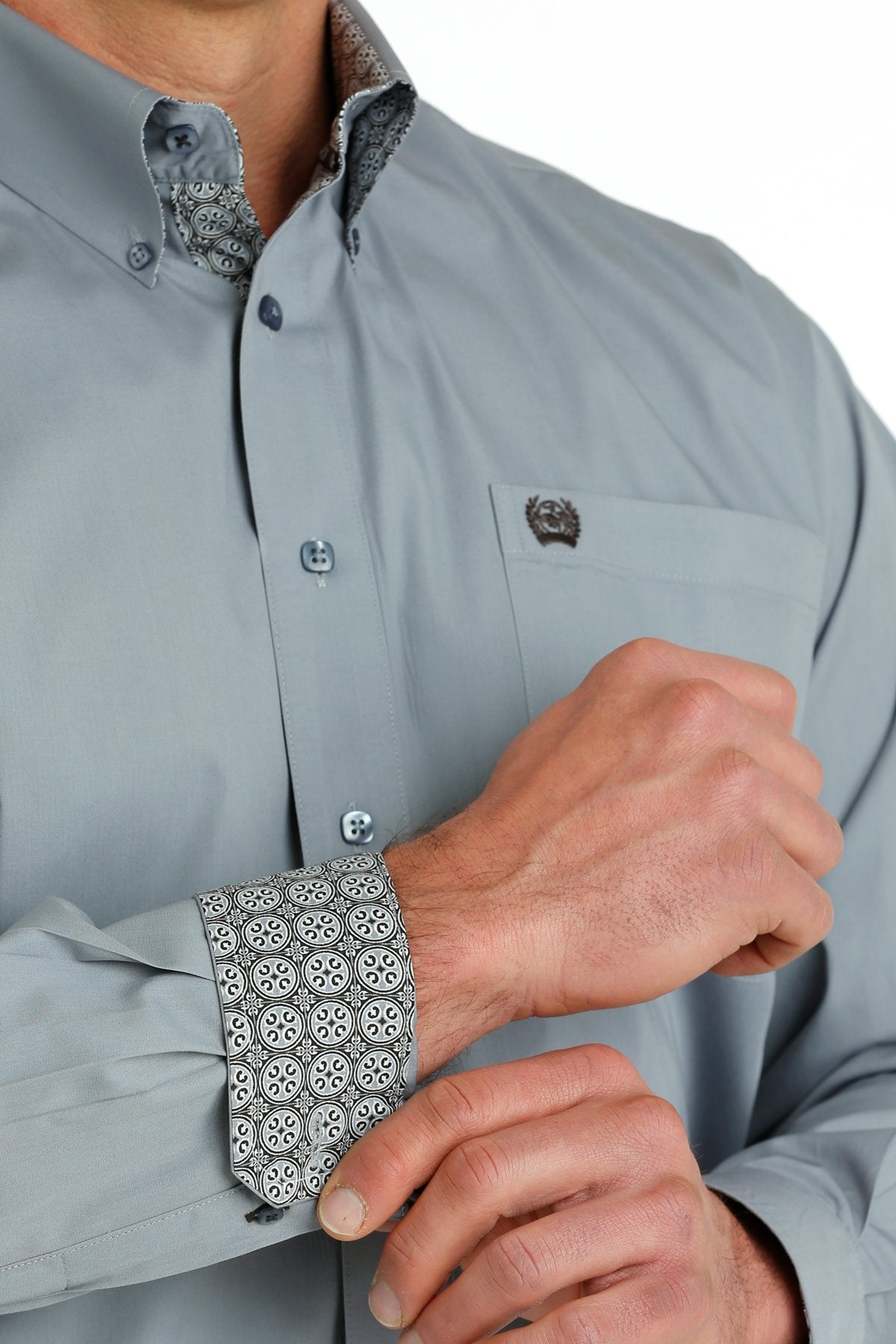 Men's Solid Grey Button Down Western Shirt with Printed Cuffs