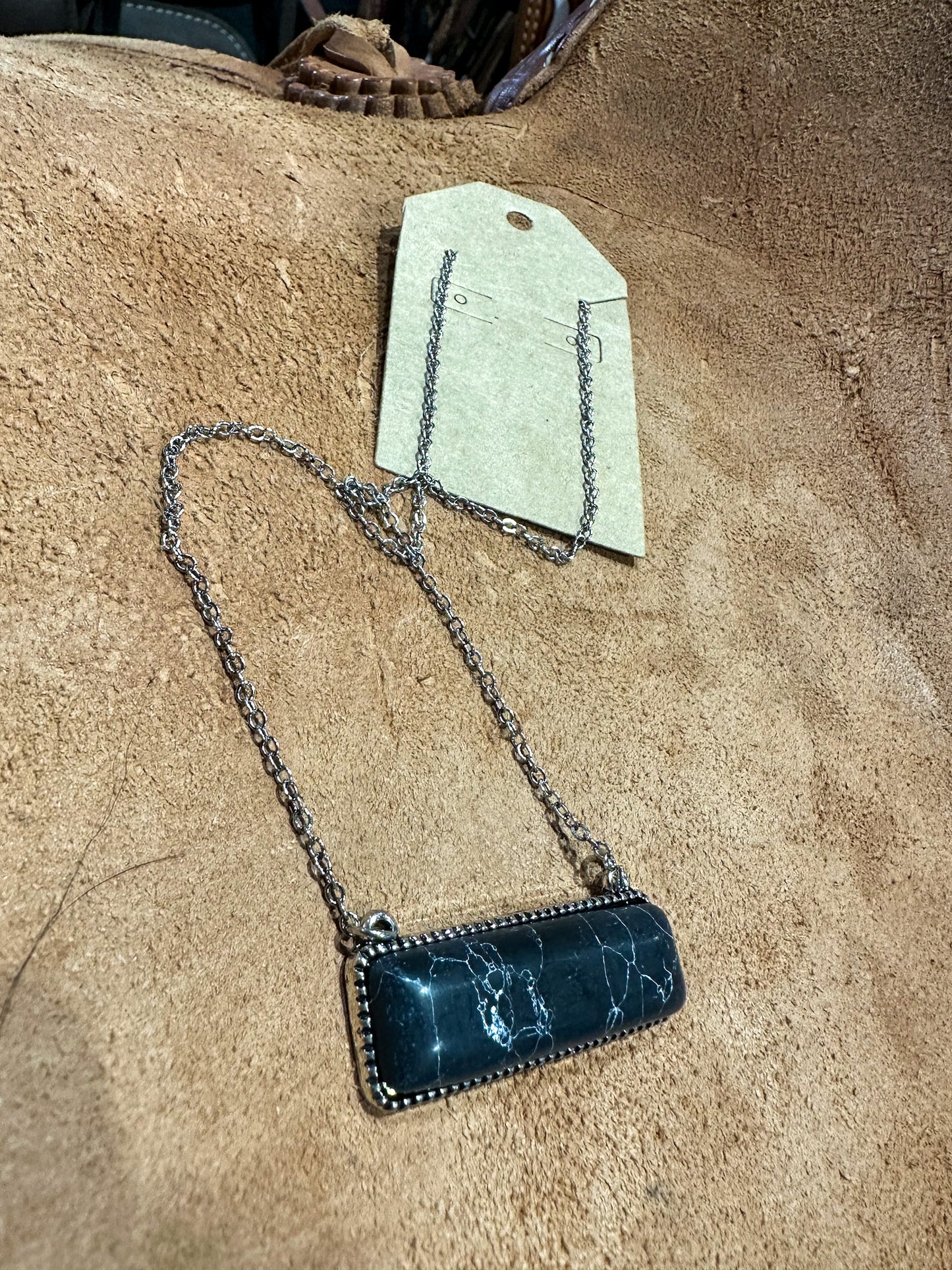 Black and White Western Rectangle Stone Turquoise Necklace