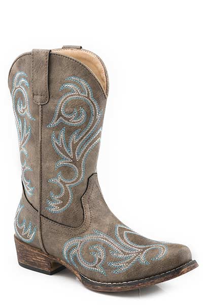 Girls' Brown with Turquoise Embroidery Snip Toe Cowboy Boots