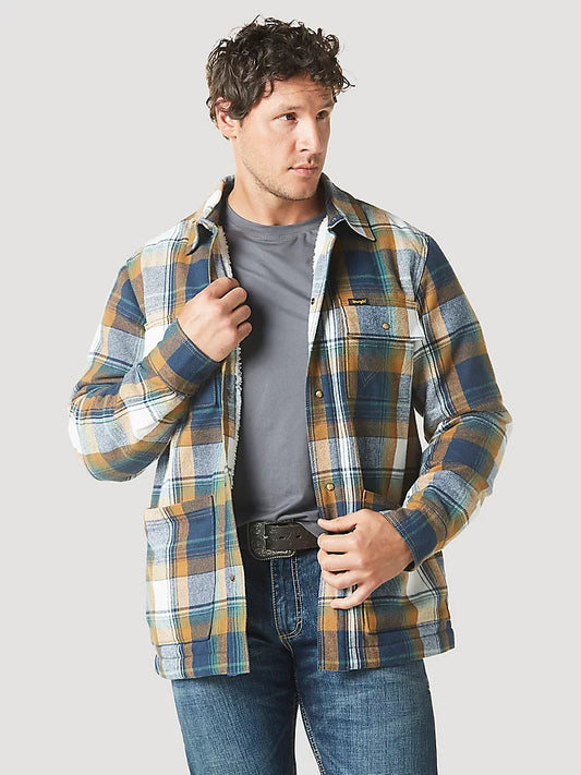 Men’s Wrangler Sherpa Lined Flannel Shirt Jacket in Blue Spruce