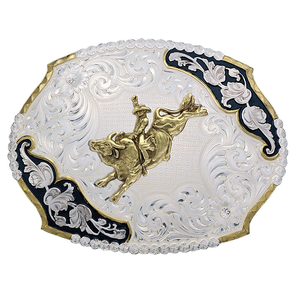 Antique Leaves Western Belt Buckle with Bull Rider