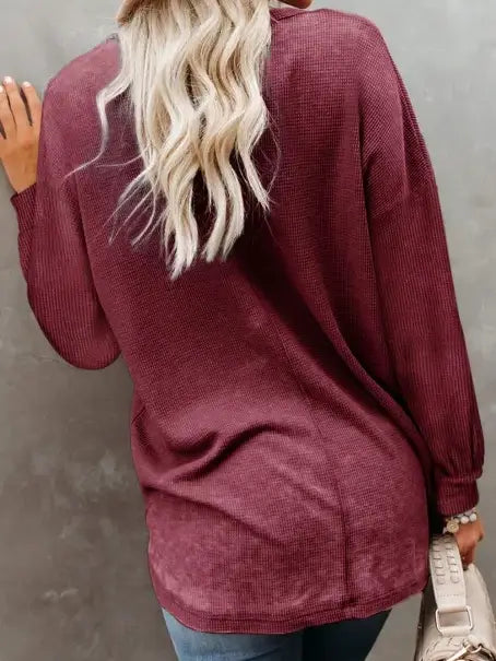 Waffle Knit V Neck Long Sleeve Loose Tunic Top