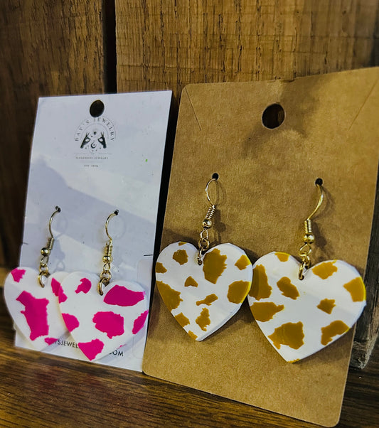 Cow Print Heart Dangle Earrings