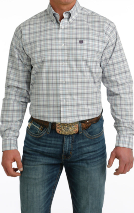 Mens Cinch White and Lavender Button Up-Medium