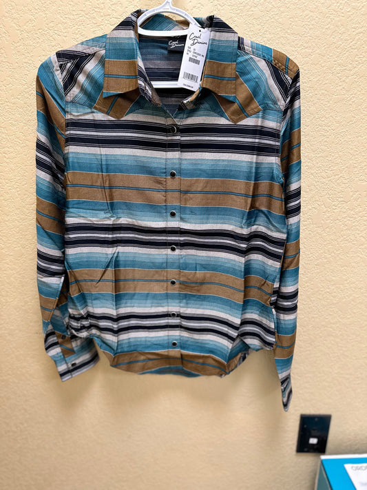 Women's Brown and Blue Striped Long Sleeve