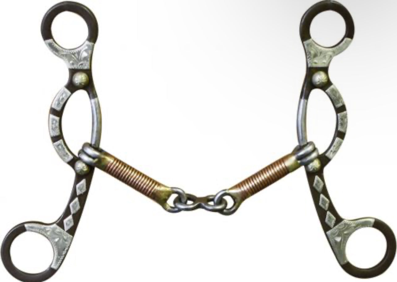 Brown steel sliding gag bit with engraved silver accents on 7" cheeks