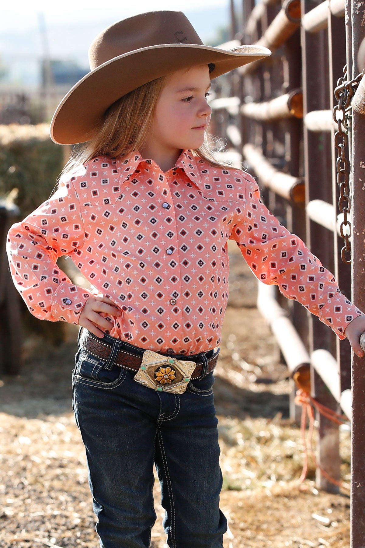 Girl's Long Sleeve Pink Print Button Up