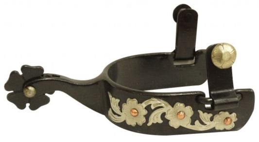 Ladies black steel spur with engraved silver overlay and copper studs