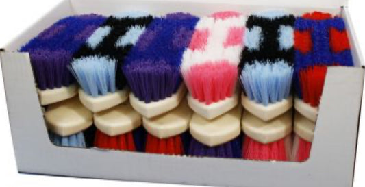 Colored stiff bristle grooming brush with plastic molded handle