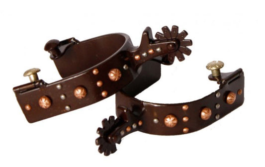 Brown steel spur with engraved copper studs and silver studs