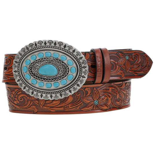 Girls Tan Floral Embossed Hooey Belt with Faux Turquoise Aztec Scalloped Rodeo Buckle